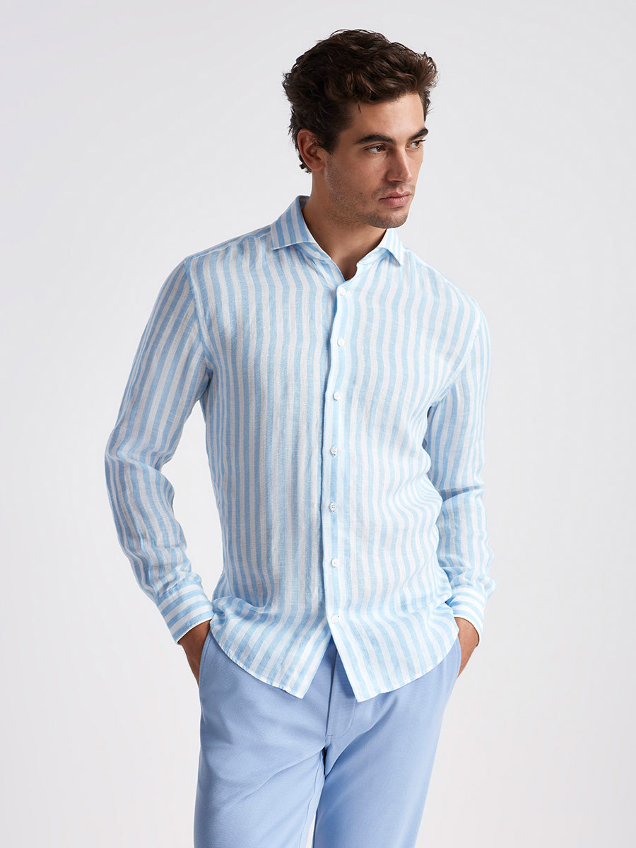 Bologna Linen Shirt, Blue stripe